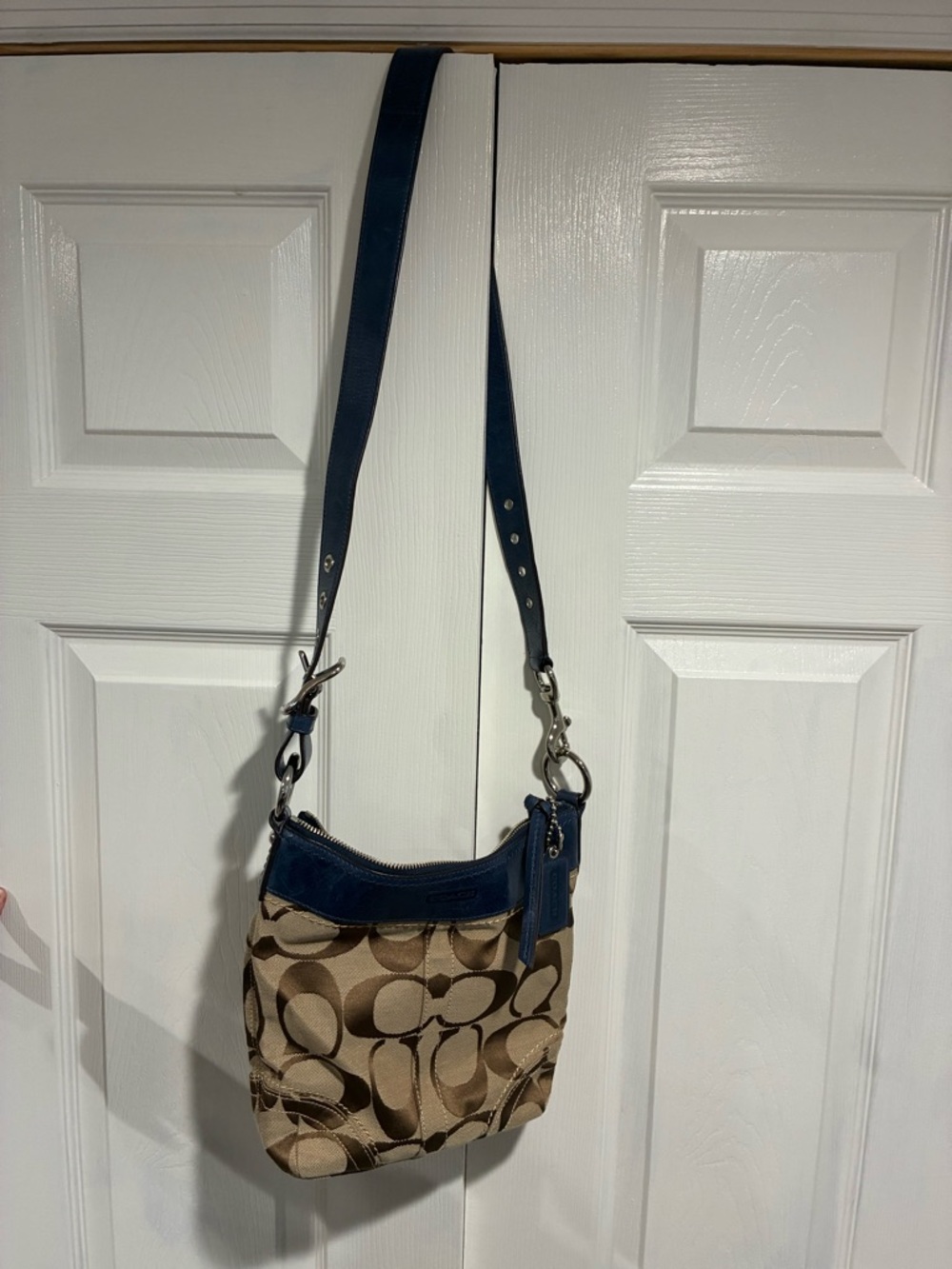 Coach Signature Canvas Crossbody Bag with Blue Leather Trim